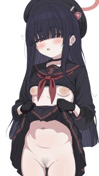 1girl ajisawa_aji beret black_choker black_gloves black_hair black_sailor_collar black_serafuku black_skirt blue_archive blunt_bangs blush choker clothes_lift commentary_request covered_eyes faceless faceless_female female_pubic_hair gloves hair_over_eyes half-closed_eyes halo hat highres justice_task_force_member_(blue_archive) large_areolae long_bangs long_hair long_sleeves looking_at_viewer neckerchief parted_lips petite pleated_skirt pubic_hair pussy red_eyes red_halo red_neckerchief sailor_collar school_uniform serafuku shirt_lift simple_background skirt skirt_lift solo thighs variant_set white_background