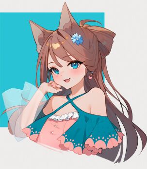 1girl ahoge animal_ear_fluff animal_ears bare_shoulders blue_eyes blue_flower blue_jacket bow-shaped_hair brown_hair buttons commentary commission criss-cross_halter cropped_torso dot_nose earrings english_commentary eyelashes fang flower fox_ears frilled_shirt frills grey_background hair_between_eyes hair_bun hair_flower hair_ornament halterneck hand_on_own_cheek hand_on_own_face happy heart heart_earrings highres hyanna-natsu jacket jewelry layered_sleeves light_blush long_hair long_sleeves open_mouth original paw_print paw_print_pattern pink_shirt pleated_skirt see-through_clothes see-through_sleeves shirt short_over_long_sleeves short_sleeves single_hair_bun single_hair_intake skirt smile solo square strapless strapless_shirt swept_bangs very_long_hair white_sleeves wide_sleeves