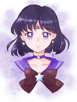bishoujo_senshi_sailor_moon black_hair blunt_bangs blunt_ends bow brooch choker collarbone earrings fujisaki_star gloves jewelry magical_girl purple_choker purple_eyes purple_sailor_collar sailor_collar sailor_saturn sailor_senshi_uniform smile star_(symbol) star_brooch star_earrings super_sailor_saturn_(stars) tomoe_hotaru