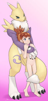 2girls absurdres aogami barefoot completely_nude digimon digimon_tamers furry furry_male furry_with_non-furry height_difference highres interspecies loli makino_ruki multiple_girls nude pussy renamon smile source_request tagme two-tone_fur white_fur yellow_fur