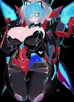1girl android animal_ears armor armored_bodysuit black_background black_bodysuit blue_eyes blue_hair blue_sclera bodysuit breasts cat_ears colored_sclera commentary commission cropped_legs curvy english_commentary fake_animal_ears hair_over_one_eye heart heart-shaped_pupils highres huge_breasts looking_at_viewer multicolored_bodysuit narrow_waist no_mouth one_eye_covered original parted_bangs short_hair solo symbol-shaped_pupils thick_thighs thighs usa37107692 wide_hips