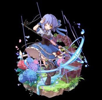 1girl arm_up black_background bloomers blue_boots blue_dress blue_hair blue_ribbon blush boots breasts brick_wall collared_dress dress flower full_body green_socks hair_between_eyes hair_ornament hair_ribbon highres holding holding_polearm holding_weapon hydrangea leaf merc_storia merc_storia_art_team nina_(merc_storia) official_art one_eye_closed open_hand open_mouth polearm puffy_short_sleeves puffy_sleeves rain ribbon short_hair short_sleeves simple_background small_breasts socks solo standing standing_on_one_leg striped_clothes striped_dress tachi-e underbust underwear water weapon yellow_eyes