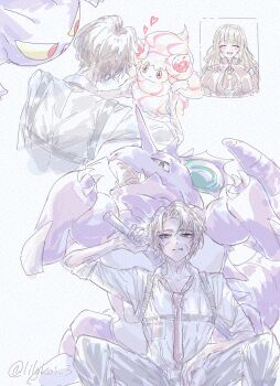 1boy 2girls alcremie alcremie_(strawberry_sweet) alcremie_(vanilla_cream) baseball_bat black_pants brown_dress brown_hair catherine_(project_moon) closed_eyes closed_mouth crobat dark-skinned_male dark_skin dress food-themed_creature food-themed_hair_ornament gen_1_pokemon gen_2_pokemon gen_8_pokemon hair_ornament heathcliff_(project_moon) highres holding holding_baseball_bat limbus_company long_hair long_sleeves looking_at_another looking_at_viewer male_focus multiple_girls multiple_views necktie nidoking nintendo pants pokemon pokemon_(creature) project_moon purple_eyes red_eyes red_necktie riri_(kira0311) scar shirt short_hair simple_background sitting strawberry_hair_ornament upper_body white_background white_shirt