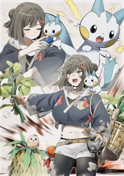 Rule 34 | 1girl, absurdres, apple hair ornament, basket, belt, berry (pokemon), black leggings, black shirt, breasts, brown belt, brown gloves, brown hair, closed eyes, closed mouth, collarbone, commentary request, crop top, cropped hoodie, dirty, dirty clothes, dirty face, dirty hands, eating, electricity, eyelashes, fangs, food, food-themed hair ornament, food bite, fruit, gen 4 pokemon, gen 7 pokemon, glassy0302, gloves, grey eyes, grey hoodie, hair bun, hair ornament, highres, hisuian heavy ball, hisuian poke ball, holding, holding food, holding fruit, holding plant, holding poke ball, hood, hood down, hoodie, kuraishi ringo (glassy0302), leggings, leggings under shorts, long sleeves, medium hair, midriff, navel, nintendo, on shoulder, open mouth, oran berry, original, pachirisu, plant, poke ball, pokemon, pokemon (creature), pokemon legends: arceus, pokemon on shoulder, rope, rowlet, shirt, shorts, single gloves, single hair bun, smile, split mouth, star (symbol), tassel, teeth, torn clothes, torn leggings, twitter username, upper teeth only, white shorts