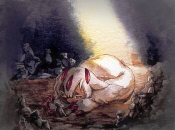 1girl animal_ears chinese_commentary claws commentary_request dark-skinned_female dark_skin faputa fewer_digits full_body funeralll_black highres light_beam lying made_in_abyss on_ground on_stomach painting_(medium) pebble rock sad solo tail traditional_media watercolor_(medium) white_fur white_hair