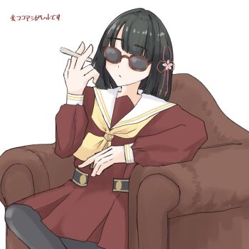 Rule 34 | 1girl, black hair, black pantyhose, brown-framed eyewear, brown dress, cigarette, closed mouth, commentary, couch, dress, elbow rest, feet out of frame, flower, flower knot, frown, hair flower, hair ornament, hasu no sora school uniform, highres, holding, holding cigarette, link! like! love live!, long sleeves, love live!, momose ginko, on couch, pantyhose, pink flower, sailor collar, sailor dress, school uniform, simple background, sitting, solo, sunglasses, tama hasudan, translation request, white background, white sailor collar, winter uniform
