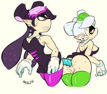 2girls anal anal_object_insertion anus ass ass-to-ass black_hair bottomless breasts callie_(splatoon) cleft_of_venus clothed_sex cousins detached_collar dildo double_dildo dress earrings gloves green_thighhighs highres incest inkling jewelry lilmoonie looking_at_another looking_back marie_(splatoon) moaning mole mole_under_eye multiple_girls nintendo object_insertion open_mouth pink_thighhighs pointy_ears pussy sex_toy shared_object_insertion simple_background skindentation splatoon_(series) standing sweat tentacle_hair thighhighs uncensored white_background white_hair wide_hips yellow_eyes yuri