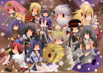 2000s_(style) 5boys 6+girls amistr_(ragnarok_online) animal animal_around_neck animal_on_head animal_print arch_bishop_(ragnarok_online) armor bikini_armor black_cat black_dress black_gloves black_hair black_hat black_scarf black_shoes black_thighhighs blonde_hair blue_dress blue_eyes book book_on_head bow bread bread_slice brown_pants camouflage_scarf cape cat cat_on_head character_doll chibi chibi_only closed_mouth commentary_request creator_(ragnarok_online) cross cross_of_prontera curly_sue doll doll_on_head dress feathered_wings food food_in_mouth fox frilled_hairband frills full_body fur_collar gauntlets gloves green_eyes green_gloves green_scarf grey_hair griffin gryphon_(ragnarok_online) hair_bow hairband hat hat_ornament head_wings jasmine_(ragnarok_online) juliet_sleeves leopard_print long_hair long_sleeves looking_at_viewer minstrel_(ragnarok_online) mouth_hold multiple_boys multiple_girls newsboy_cap no_lineart object_on_head on_head open_mouth orange_wings pants pauldrons pink_hair pointy_ears professor_(ragnarok_online) puffy_sleeves purple_eyes purple_hair ragnarok_online ranger_(ragnarok_online) red_bow red_cape red_dress red_eyes red_hair red_hairband red_scarf rideword_(ragnarok_online) royal_guard_(ragnarok_online) rune_knight_(ragnarok_online) sash scarf seiza shadow_chaser_(ragnarok_online) sheep shoes short_hair shoulder_armor sitting skull_hat_ornament smile solid_oval_eyes standing star_(symbol) striped_clothes striped_scarf thighhighs toast toast_in_mouth two-tone_dress wanderer_(ragnarok_online) warlock_(ragnarok_online) white_dress white_scarf white_thighhighs white_wings wings yellow_sash yu_(lilacxx)