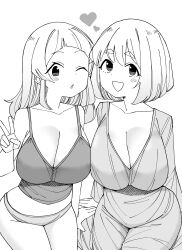 Rule 34 | absurdres, aged up, breasts, cleavage, greyscale, highres, large breasts, looking at viewer, medium hair, monochrome, mother and daughter, nekomatagi, one eye closed, original, panties, shirt, short hair, smile, underwear, v, white background