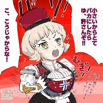 1girl absurdres angry artist_logo blonde_hair breasts commentary_request gloves hashi_hiroko hat highres kantai_collection large_breasts logo meme mini_hat next_time_you&#039;re_getting_this_(meme) norge_(kancolle) norwegian_flag open_mouth red_background red_hat shirt solo translation_request transparent_background upper_body v-shaped_eyebrows white_gloves white_shirt yellow_eyes