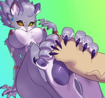 1girl alternate_form animal_ears animal_hands armlet belladonna_(seiken_densetsu_3) bracelet breasts cat_ears cat_girl cat_tail claws colored_sclera earrings fangs footjob furry highres jewelry nipples penis purple_fur purple_hair red_sclera ring seiken_densetsu seiken_densetsu_3 sharkysocks slit_pupils tail uncensored