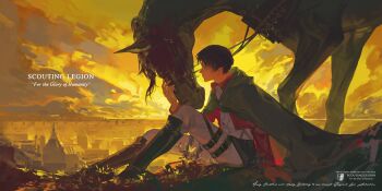 1boy black_boots black_hair boots brown_jacket cloak cropped_jacket english_text full_body green_cloak highres horse jacket levi_(shingeki_no_kyojin) li_2_cun male_focus military_jacket outdoors pants reins shingeki_no_kyojin short_hair sitting three-dimensional_maneuver_gear white_pants