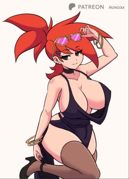 1girl adjusting_eyewear black_dress black_eyes black_shoes bracelet breasts brown_thighhighs cartoon_network choker cleavage collarbone covered_erect_nipples dress ear_piercing eyes_visible_through_hair eyewear_on_head foster's_home_for_imaginary_friends frankie_foster hair_ornament hairclip high_heels high_ponytail jewelry large_breasts long_hair looking_at_viewer momocka-art piercing ponytail red_hair shoes side_slit sleeveless sleeveless_dress smile standing standing_on_one_leg sunglasses sunglasses_on_head thick_thighs thighhighs thighs white_background