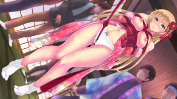 Rule 34 | 1girl, 4boys, bdsm, blonde hair, blue eyes, blush, bondage, bound, bow, bow panties, breasts, breasts out, cameltoe, closed mouth, clothes lift, commentary request, crotch rope, dutch angle, embarrassed, faceless, faceless male, floral print, floral print kimono, flower, hair flower, hair ornament, hair ribbon, highres, idol, indoors, inn, japanese clothes, kimono, kimono lift, large breasts, legs, long hair, looking at viewer, multiple boys, navel, obi, original, panties, print kimono, red flower, red kimono, restrained, ribbon, ryokan, sash, shouji, sliding doors, solo, standing, tabi, tatami, thighs, toenketsu, underwear, very long hair, wavy mouth, white panties, wooden ceiling