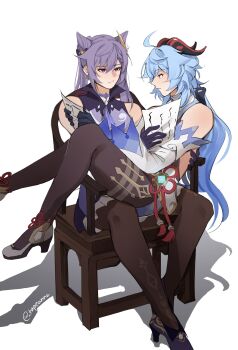 Rule 34 | 2girls, absurdres, ahoge, artist name, ascot, bare shoulders, blue bow, blue gemstone, blue hair, bodystocking, bow, brown pantyhose, chair, chinese clothes, closed mouth, collared dress, commentary, cone hair bun, detached sleeves, dress, earrings, english commentary, flower earrings, flower knot, frills, ganyu (genshin impact), gem, genshin impact, gloves, hair between eyes, hair bow, hair bun, hair ornament, high heels, highres, hitodama print, holding, holding paper, jewelry, keqing (genshin impact), long hair, long sleeves, looking at another, looking at object, low ponytail, multiple girls, necklace, on chair, pantyhose, paper, pearl (gemstone), pelvic curtain, ponytail, purple ascot, purple bow, purple dress, purple eyes, purple gloves, purple hair, purple shoes, reading, shadow, shoes, simple background, sitting, sitting on person, sleeveless, sleeveless dress, smile, tapeanna, tassel, teeth, twintails, vision (genshin impact), wavy hair, white background, white shoes, white sleeves, wide sleeves, yuri