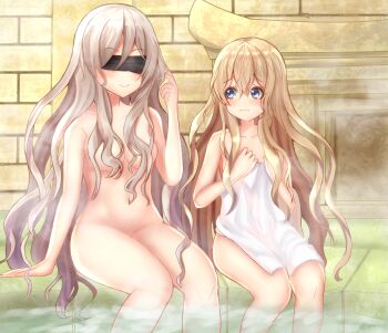 2girls absurdres blindfold blonde_hair blue_eyes breasts commentary_request completely_nude covering_body goblin_slayer! hair_over_breasts highres holding holding_towel large_breasts long_hair mitsu336 multiple_girls navel nude priestess_(goblin_slayer!) shared_bathing small_breasts stomach sword_maiden towel very_long_hair