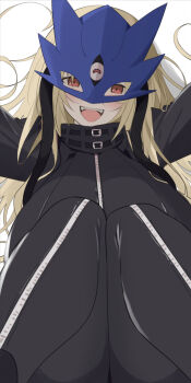 1girl beelstarmon blonde_hair blush breasts digimon digimon_(creature) eye_mask highres large_breasts mask one_eye_closed open_mouth red_eyes simple_background sitting solo third_eye white_background yotsumoto_yuu