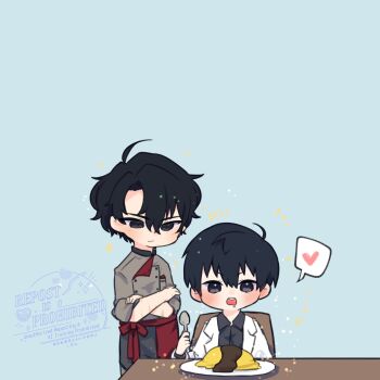 2boys ahoge apron black_coat black_eyes black_hair black_shirt chair chibi chibi_only coat collared_shirt commentary crossed_arms curtained_hair drooling english_commentary feet_out_of_frame food_request hair_between_eyes heart highres holding holding_spoon kim_dokja kimidori_22 male_focus multiple_boys multiple_scars omniscient_reader&#039;s_viewpoint open_clothes open_coat popped_collar red_apron scar scar_on_arm shirt short_hair sitting spoken_heart spoon table white_coat yoo_joonghyuk