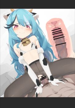 1boy 1girl absurdres animal_ears animal_print bar_censor bell bikini blue_hair censored cow_ears cow_print cowgirl_position cross-section elbow_gloves flat_chest gloves hetero highres indie_virtual_youtuber loli long_hair neck_bell pantyhose penis recklessdraw sex straddling swimsuit torn_clothes torn_pantyhose vaginal zenya_hima