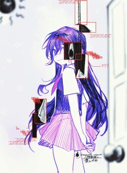 Rule 34 | 1girl, arms behind back, blurry, blurry background, blurry foreground, bright pupils, collared shirt, colored skin, commentary, door, double-parted bangs, english commentary, hair between eyes, hayama megumi, highres, light bulb, long hair, looking at viewer, mari (headspace) (omori), mari (omori), neckerchief, omori, pleated skirt, purple eyes, purple hair, purple sweater vest, red neckerchief, red skirt, russian text, shirt, short sleeves, skirt, solo, something (omori), spoilers, sweater vest, translation request, white pupils, white shirt, white skin