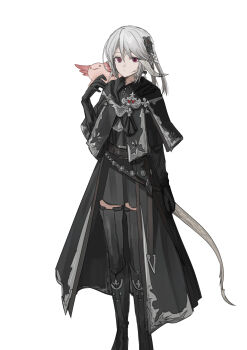 1girl animal au_ra axolotl black_boots black_gloves black_robe black_shirt black_skirt black_thighhighs boots chihuri collared_shirt dragon_girl dragon_horns dragon_tail dress_shirt elbow_gloves final_fantasy final_fantasy_xiv gloves grey_hair hair_between_eyes hand_up highres horns knee_boots pleated_skirt red_eyes robe shirt simple_background skirt solo tail thighhighs thighhighs_under_boots warrior_of_light_(ff14) white_background