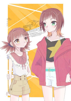 2girls digimon digimon_beatbreak digimon_xros_wars hair_ornament hairclip hinomoto_akari hnwxzlrcuflr9wz jacket long_hair multiple_girls orange_eyes red_hair sakuya_reina short_hair star_(symbol) twintails