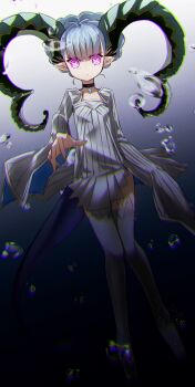 1girl air_bubble aqua_hair braid braided_bun breasts bubble choker curled_horns double_bun dress fate/grand_order fate_(series) full_body glowing glowing_eyes hair_bun highres horns jewelry larva_tiamat_(fate) larva_tiamat_(first_ascension)_(fate) long_horns long_sleeves looking_at_viewer medium_hair pendant pink_eyes pointy_ears ribbed_dress small_breasts solo symbol-shaped_pupils tail thighhighs tiamat_(fate) white_dress white_thighhighs yubeshi_(zecxl)