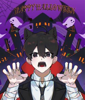 1boy ahoge akigawasou animal_ears bandaged_arm bandages bat_wings black_necktie black_vest cat_ears city_lights claw_pose collared_shirt double-parted_bangs fangs fingernails ghost hair_between_eyes hands_up happy_halloween house kim_dokja looking_at_viewer male_focus necktie omniscient_reader&#039;s_viewpoint open_mouth popped_collar sharp_fingernails shirt silk solo spider_web upper_body vampire_costume vest white_shirt wings