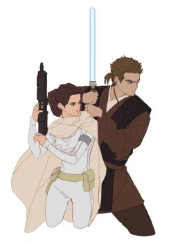 1boy 1girl anakin_skywalker belt belt_pouch blue_lightsaber bodysuit brown_eyes brown_hair brown_pants brown_tunic cape energy_sword gun highres holding holding_gun holding_sword holding_weapon lightsaber looking_to_the_side noooo_8277 padme_amidala pants pouch rattail simple_background star_wars star_wars:_attack_of_the_clones sword tunic weapon white_background white_bodysuit white_cape yellow_belt