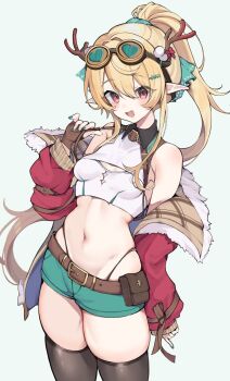 1girl :d aqua_shorts belt black_thighhighs blonde_hair breasts brown_belt brown_gloves chest_harness collared_shirt commentary contrast_collar cowboy_shot cropped_shirt double-parted_bangs english_commentary fake_antlers fingerless_gloves fur-trimmed_jacket fur_trim gloves goggles goggles_on_head grey_background hair_between_eyes hair_ribbon halter_shirt halterneck hand_up harness highleg highleg_panties highres jacket long_hair long_sidelocks looking_at_viewer navel nijisanji nijisanji_en off_shoulder oimo_0imo open_mouth panties panty_straps pointy_ears pomu_rainpuff ponytail red_eyes red_jacket ribbon shirt short_shorts shorts sidelocks simple_background skindentation sleeveless sleeveless_shirt small_breasts smile solo stomach thighhighs underwear virtual_youtuber white_shirt