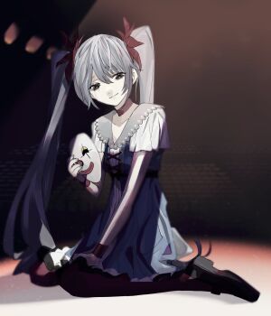 1girl black_pantyhose blue_dress blue_eyes blue_hair choker commentary_request crying dress grey_nails hatsune_miku highres holding holding_mask karakuri_pierrot_(vocaloid) long_hair makeup mask pantyhose red_choker runny_makeup short_dress sitting smile solo soyaka stage streaming_tears tears twintails very_long_hair vocaloid wariza wristband