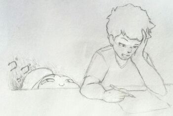 1boy 1girl artist_self-insert c: closed_mouth drawing_(action) gen_3_pokemon greyscale half-closed_eyes hand_on_own_cheek hand_on_own_face happy highres holding holding_pencil japanese_text looking_at_another looking_down looking_to_the_side mawaifu mawile menacing_(jojo) monochrome nintendo open_mouth paper pencil pokemon pokemon_(creature) raised_eyebrow shirt short_hair short_sleeves simple_background sitting sketch smile traditional_media white_background