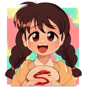 1girl :3 blush braid bread bread_slice brown_hair clem_(calmeremerald) facing_viewer food gigantic_drive holding holding_food jam long_hair looking_at_viewer misaki_nanao open_mouth smile solo sweat twin_braids upper_body