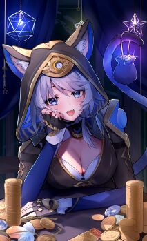 1girl absurdres animal_ear_fluff animal_ears animal_hood arm_rest bag black_gloves black_leotard blue_eyes breasts cat_ears cat_girl cat_hood cat_tail cipher_(honkai:_star_rail) cleavage coin commentary fingerless_gloves gloves gold_coin grey_hair highres holding holding_bag holding_with_tail honkai:_star_rail honkai_(series) hood hooded_leotard leotard looking_at_viewer open_mouth prehensile_tail short_hair_with_long_locks shumai_il solo star_rail_special_pass_(honkai:_star_rail) tail