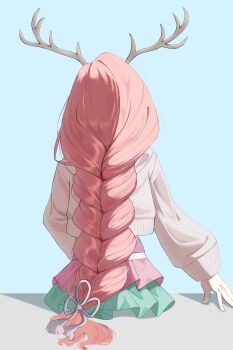 Rule 34 | 1girl, absurdres, antlers, ayatsumugi roka, braid, cho kaguya-hime!, commentary request, deer antlers, deer girl, from behind, grey jacket, hair tie, highres, horns, jacket, long hair, microskirt, pink hair, pleated skirt, sitting, skirt, solo