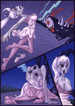 1girl breasts cleavage deflated dress geist_(rwby) grimm_(rwby) grin high_heels lifeless nipples possessed possession rwby sagabel skinsuit smile undressing undressing_another weiss_schnee white_hair