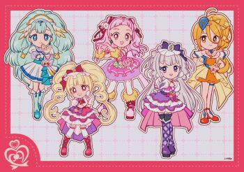 5girls aisaki_emiru ascot back_bow bag_bow bare_shoulders beads bib big_hair black_thighhighs blonde_hair blue_boots blue_eyes blue_hair blue_hat blue_sash blunt_bangs boots border bow bowtie braid braided_ponytail bright_pupils brooch bubble_skirt circlet clapping closed_mouth clover_earrings collared_dress collared_jacket collared_shirt commentary crop_top crossed_legs cure_amour cure_ange cure_etoile cure_macherie cure_yell curly_hair daisy_(flower) deformed detached_sleeves dot_nose dotted_line double_bun dress dress_bow drill_hair earrings electric_guitar eyelashes flower footwear_bow forehead four-leaf_clover_earrings frilled_dress frilled_footwear frilled_skirt frilled_sleeves frilled_socks frills full_body fur-trimmed_boots fur_trim gloves grey_background grid_background grin guitar hair_beads hair_between_eyes hair_bow hair_bun hair_flower hair_ornament hair_ribbon hair_scrunchie hairband happy hat heart heart-shaped_bag heart_hair_ornament heart_hands heart_print high_heel_boots high_heels highres hugtto!_precure instrument jacket jewelry kagayaki_homare knee_boots lace-up_boots lapels large_earrings light_blush lipstick long_hair long_skirt looking_at_viewer magical_girl makeup mascara medium_dress midriff mini_hat miniskirt multiple_girls navel nono_hana notched_lapels onesie open_clothes open_jacket open_mouth orange_dress orange_shorts outline outside_border over-kneehighs own_hands_together pink_ascot pink_bag pink_boots pink_bow pink_eyes pink_hair pink_shirt pink_skirt pink_sleeves platform_boots pleated_dress pleated_skirt pom_pom_(clothes) pom_pom_earrings precure puffy_short_sleeves puffy_sleeves pumps purple_boots purple_bow purple_dress purple_eyes purple_hair purple_sash purple_sleeves red_boots red_border red_bow red_bowtie red_dress red_eyes red_lips red_ribbon ribbon ruru_amour sash scrunchie see-through_clothes see-through_sleeves shirt short_dress short_hair short_sleeves shorts showgirl_skirt side_ponytail sidelocks signature single_braid skirt smile socks standing star_(symbol) star_hair_ornament tareme thigh_boots thighhighs train_(clothing) twin_drills twintails two-tone_bag uwded_207 very_long_hair waist_bag waist_sash wavy_hair white_bag white_dress white_flower white_gloves white_hairband white_outline white_pupils white_scrunchie white_sleeves white_socks white_thighhighs white_wrist_cuffs wide_sleeves wing_hair_ornament wrist_cuffs wrist_ribbon yakushiji_saaya yellow_eyes yellow_jacket yellow_skirt yellow_wrist_cuffs zettai_ryouiki