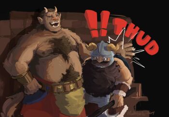 2boys bara beard boar_boy boar_tail body_fur brown_hair chest_tuft cowboy_shot dark-skinned_male dark_skin dungeon_meshi dwarf facial_hair fake_horns helmet highres horned_helmet horns large_pectorals laughing long_beard male_focus monster_boy mothballlz multiple_boys muscular muscular_male mustache navel_hair nipples orc pants patting_back pectorals senshi_(dungeon_meshi) short_hair size_difference standing stomach thick_mustache thick_navel_hair topless_male tusks very_long_beard zon_(dungeon_meshi)
