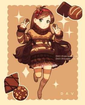 1girl alternate_costume animification bill_cipher bow brown_hair cake cake_slice chocolate dav-19 eyelashes food gravity_falls green_eyes hairband long_hair mabel_pines mary_janes o3o plaid_clothes plaid_skirt shoes skirt solo sparkle sweater sweets thighhighs turtleneck turtleneck_sweater