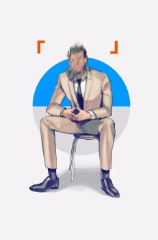 Rule 34 | 1boy, black footwear, chromatic aberration, coat, formal clothes, glitch, highres, interlocked fingers, jacket, male focus, maririnbo, obscured, osomatsu-kun, osomatsu (series), own hands together, pants, plaid clothes, plaid coat, plaid jacket, plaid pants, suit, tougou (osomatsu-kun), viewfinder