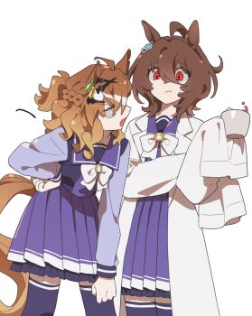 2girls agnes_tachyon_(umamusume) ahoge animal_ear_piercing animal_ears bow bowtie brown_hair coat commentary_request cowboy_shot cup doggwa double-parted_bangs dress frilled_skirt frills frown hair_between_eyes hair_ornament hairpin hand_on_own_hip highres holding holding_cup horse_ears horse_girl horse_tail jungle_pocket_(umamusume) lab_coat leaning_forward long_sleeves looking_at_another medium_hair messy_hair multicolored_hair multiple_girls open_clothes open_coat open_mouth purple_dress purple_sailor_collar purple_thighhighs red_eyes sailor_collar sailor_dress school_uniform simple_background skirt sleeves_past_fingers sleeves_past_wrists standing streaked_hair tail thighhighs tracen_school_uniform umamusume white_background white_bow white_bowtie white_coat white_hair yellow_eyes