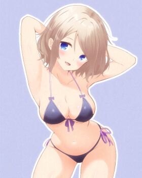 1girl adversarial_noise armpits arms_behind_head bare_arms bare_shoulders bikini blue_eyes blush bow breasts cleavage collarbone commentary_request front-tie_bikini_top front-tie_top grey_hair highres hitorilily looking_at_viewer love_live! love_live!_sunshine!! medium_breasts navel open_mouth purple_background purple_bikini purple_bow short_hair side-tie_bikini_bottom simple_background smile solo stomach string_bikini swimsuit thighs watanabe_you wide_hips