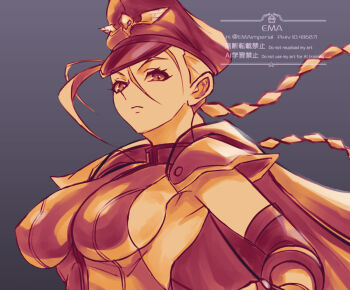 1girl blonde_hair braid breasts cammy_white capcom cape cosplay covered_erect_nipples highres large_breasts leotard long_hair looking_at_viewer m._bison serious sideboob solo street_fighter twin_braids