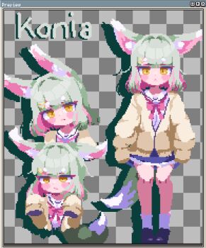 :< animal_ear_fluff animal_ears arms_at_sides birdman46049238 black_shoes blue_skirt blush blush_stickers bob_cut bow bowtie cardigan character_name checkered_background closed_mouth collared_shirt commentary dress_shirt drop_shadow english_text fake_screenshot fox_ears fox_girl full_body green_hair grey_background hair_ornament hairclip hands_up head_tilt hikimayu jitome konia_the_fox_(birdman46049238) long_sleeves medium_hair multicolored_hair original paw_pose pigeon-toed pink_bow pink_bowtie pink_streaks pixel_art sailor_collar school_uniform serafuku shirt shoes short_eyebrows skirt sleeves_past_fingers sleeves_past_wrists slit_pupils socks standing streaked_hair thick_eyebrows user_interface white_sailor_collar white_shirt white_socks window_(computing) yellow_cardigan yellow_eyes