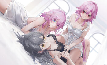 3girls absurdres alternate_costume bare_shoulders black_dress blue_eyes blush breasts cleavage closed_mouth commentary_request dress dual_persona dutch_angle evernight_(honkai:_star_rail) girl_on_top grey_hair hair_between_eyes hand_on_another&#039;s_stomach highres honkai:_star_rail honkai_(series) indoors long_hair looking_at_another lying march_7th_(honkai:_star_rail) medium_breasts medium_hair multicolored_eyes multiple_girls on_bed on_stomach pink_hair purple_eyes red_eyes smile stelle_(honkai:_star_rail) swkl:d thighs trailblazer_(honkai:_star_rail) two-tone_eyes white_dress yuri