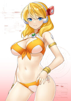 1girl alia_(mega_man) android armlet bikini blonde_hair blue_eyes body_(bacoborn) bracelet breasts chest_jewel cleavage clenched_teeth closed_mouth commentary cowboy_shot english_commentary gradient_background hair_between_eyes hands_on_own_hips headgear jewelry joints large_breasts long_hair looking_at_viewer medium_hair mega_man_(series) mega_man_x_(series) mega_man_x_dive multicolored_bikini navel navigator official_alternate_costume orange_bikini robot_ears robot_joints sky smile solo summer swimsuit swimsuit_alia_(mega_man) teeth two-tone_bikini yellow_bikini