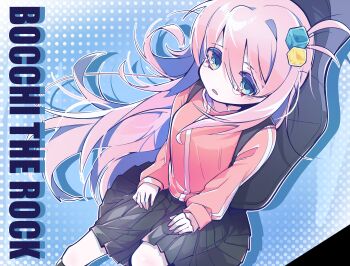 1girl backpack bag black_bag black_skirt blue_background blue_eyes bocchi_the_rock! copyright_name cube_hair_ornament deformed eyes_visible_through_hair feet_out_of_frame floating_hair from_above gotoh_hitori hair_between_eyes hair_ornament hands_on_own_thighs highres invisible_chair jacket long_hair looking_at_viewer messy_hair one_side_up outline pink_hair pink_jacket pleated_skirt polka_dot polka_dot_background shadow sia_6767 sidelocks simple_background single_hair_intake sitting skirt tearing_up track_jacket very_long_hair white_outline
