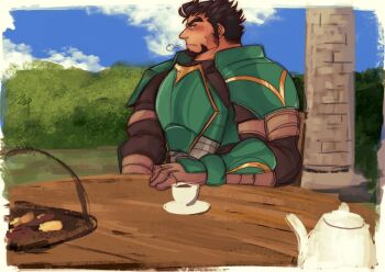 1boy armor black_hair closed_mouth cloud commentary cup day english_commentary facial_hair fire_emblem fire_emblem:_the_sacred_stones fire_emblem:_three_houses gilliam_(fire_emblem) green_armor highres irregular_border juggermelon male_focus nintendo saucer short_hair sky soeda_ippei solo table teacup teapot