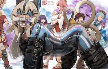 6+girls all_fours alterkyon animal_ear_fluff animal_ears ayaka_(genshin_impact) ball_gag bdsm blindfold blonde_hair blue_hair bodysuit bound bound_arms bound_legs breasts brown_hair cat_tail chiori_(genshin_impact) closed_eyes collar colored_blindfold detached_collar dog_mask dress femdom gag gagged genshin_impact highres human_dog kamisato_ayaka kamisato_ayaka_(springbloom_missive) kirara_(genshin_impact) large_breasts latex latex_bodysuit leash medium_breasts multiple_girls multiple_tails muzzle_(mask) open_mouth pet_play pink_hair pointing pointing_at_another purple_eyes purple_hair raiden_shogun red_eyes saliva sandals skin_tight slave tail teeth upper_teeth_only yae_miko yoimiya_(genshin_impact)