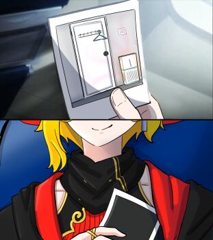 Rule 34 | 1girl, blonde hair, breasts, commentary, english commentary, highres, holding, holding photo, hololive, hololive indonesia, kaela kovalskia, long hair, photo (object), polaroid photo, shadowsky exe, smile, solo, virtual youtuber